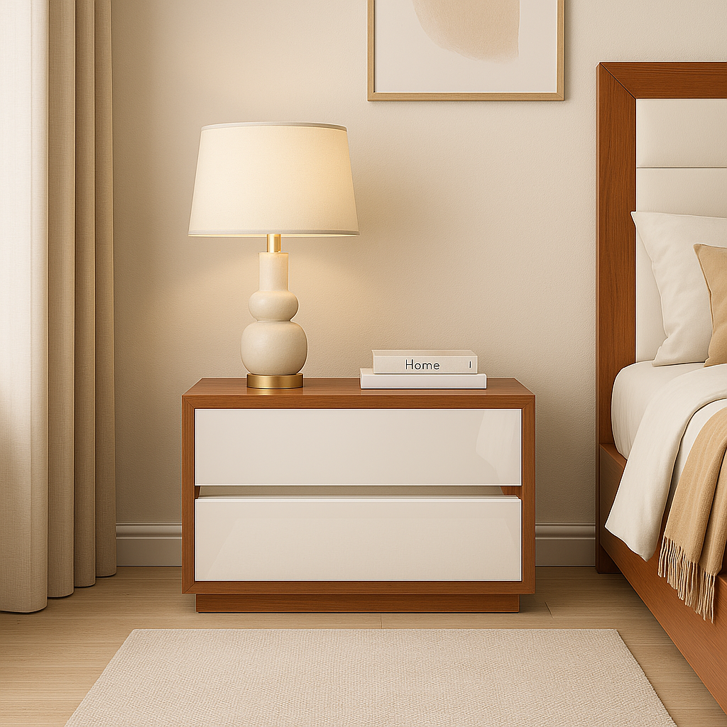 Mesa de Cabeceira (direita) L590 x L400 x A460 Branco glossy + Castanho